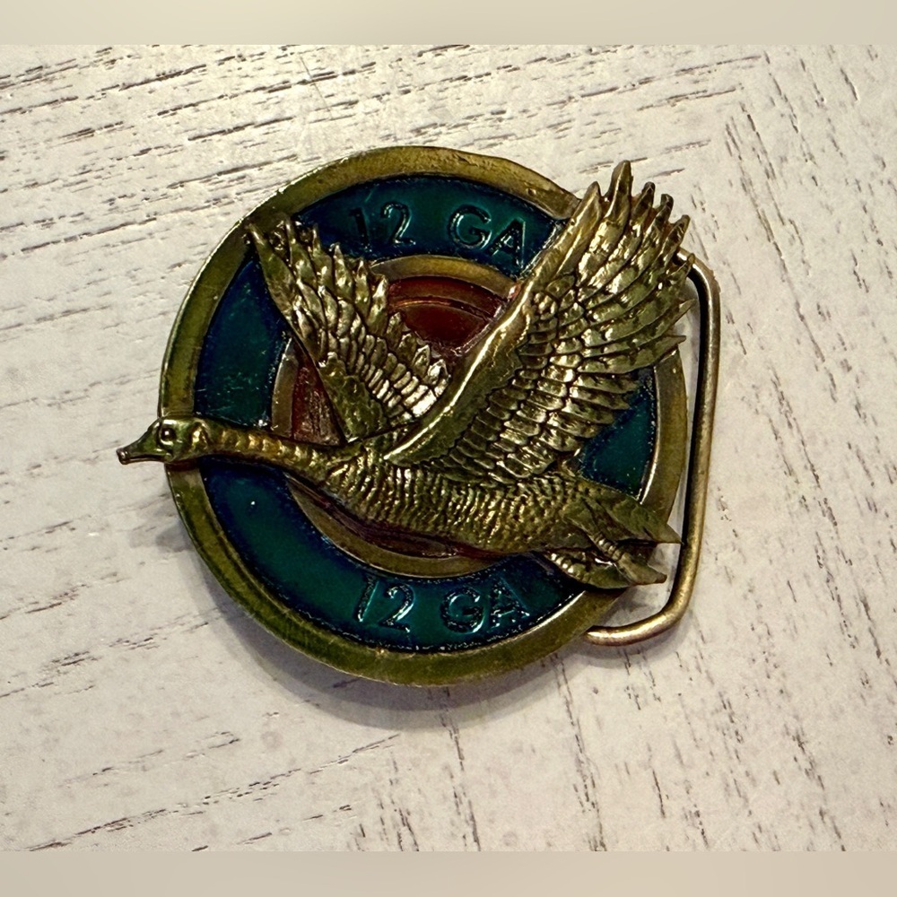 1980 Great American Buckle Co. “12 Gauge Goose” Brass & Enamel Belt Buckle